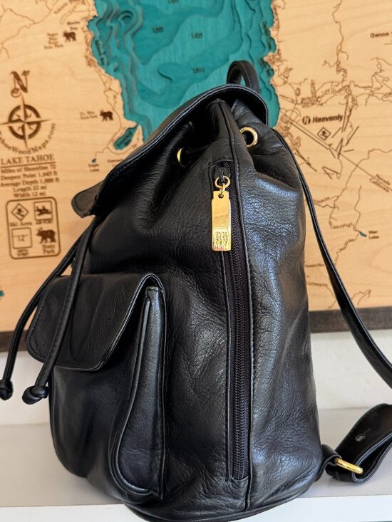 Vtg DKNY Donna Karan Leather Bagpack/ bag Women\'s Black Drawstring gold logo Y2K main image 9